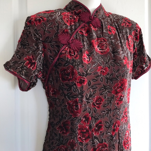 Burgundy Rose Floral Velvet High Neck Dress with Long Sleeve Jacket - Picture 3 of 4